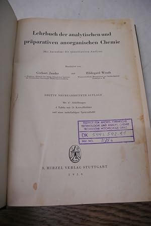 zvab Lehrbuch der analytischen und präparativen anorganischen Chemie. (Mit Ausnahme der quantitativen Analyse). von Jander Gerhart und Hildegard Wendt : Hardcover (1959) 3. Aufl